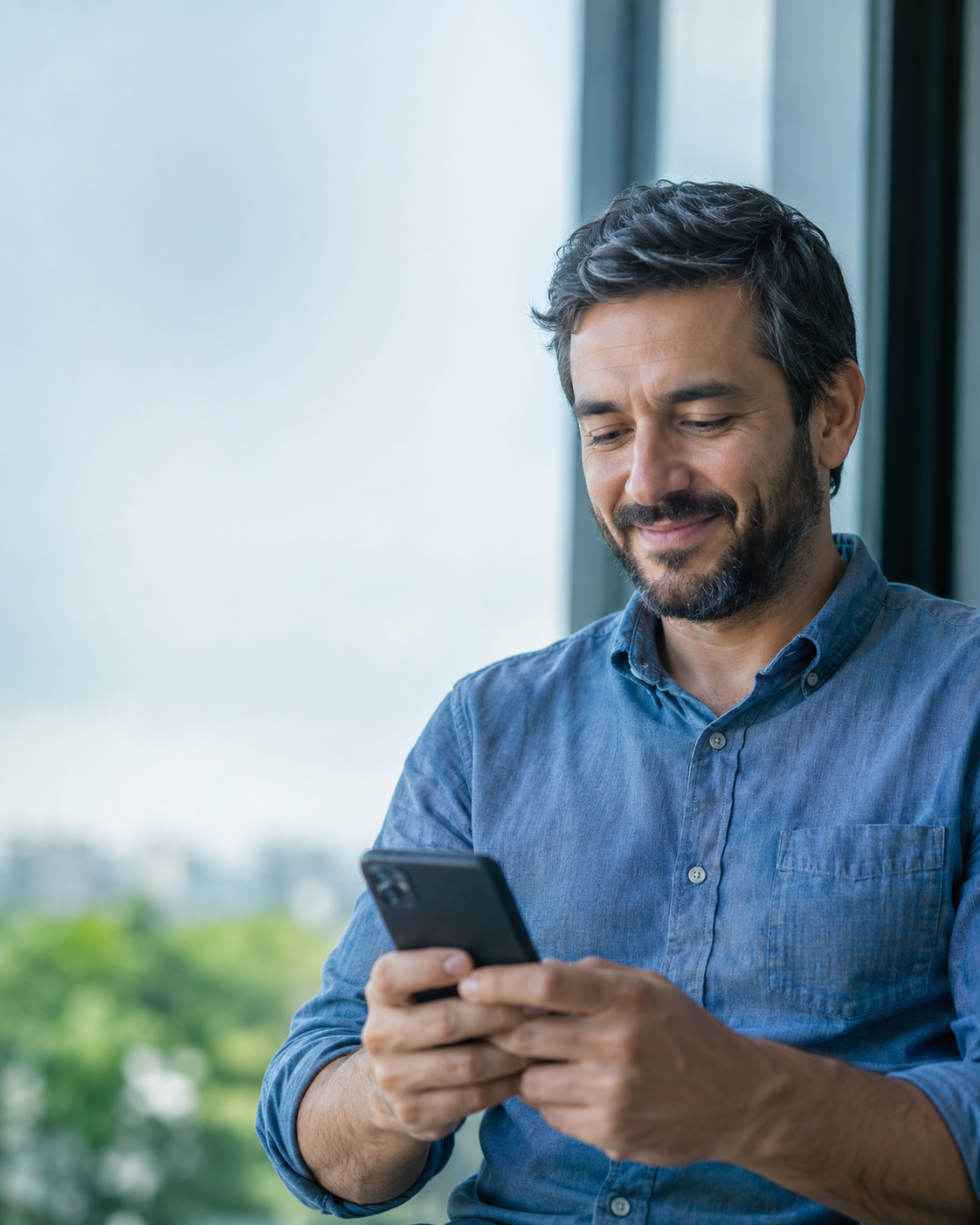 Servidor SIAPE sorrindo enquanto usa o celular